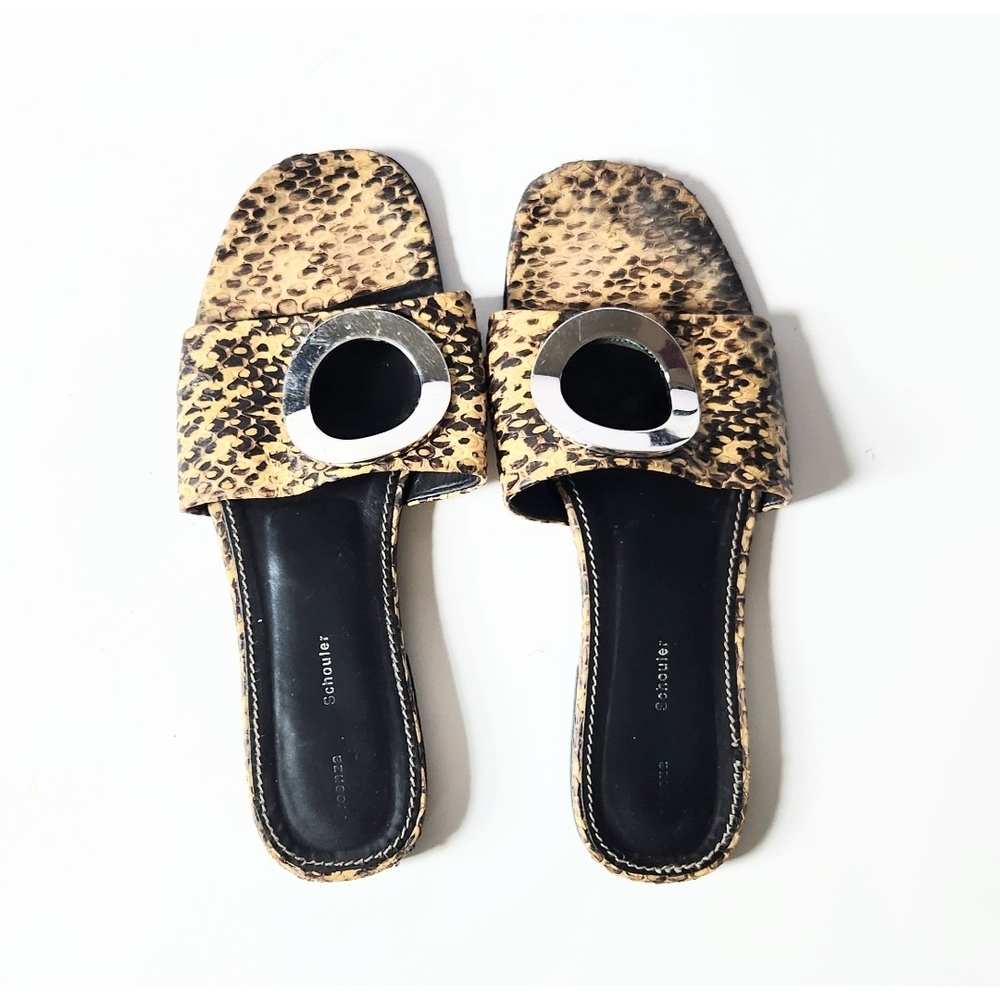 Proenza Schouler Snake Print Slude Sandals with Silver Circle Cutout EU39 US8.5